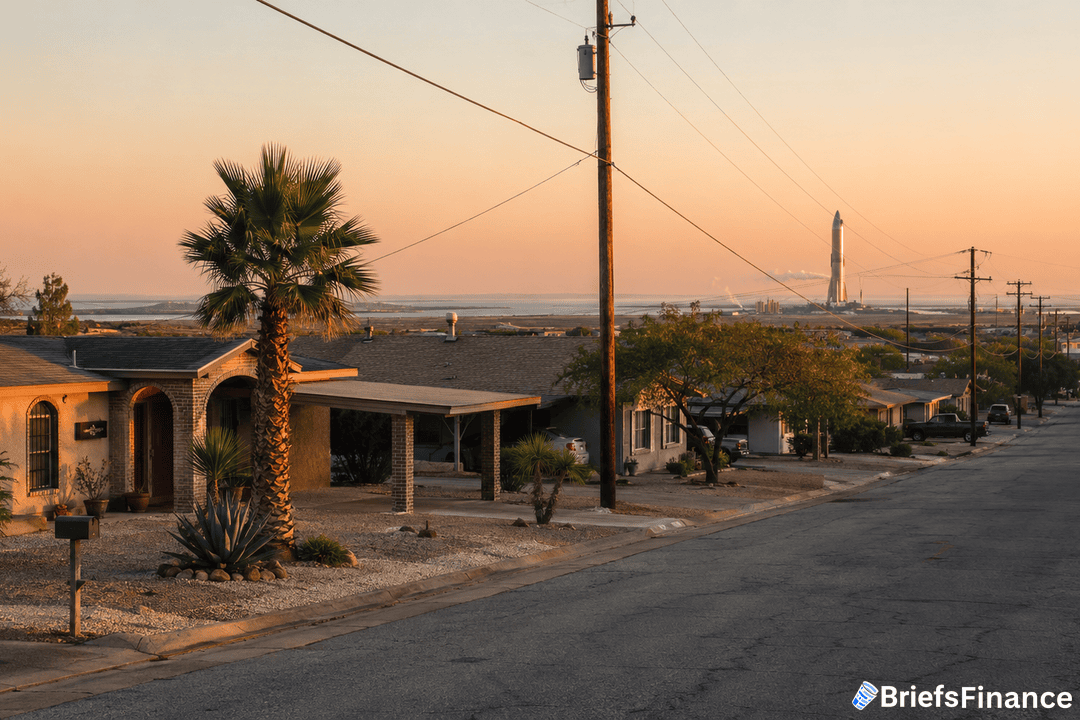 A quiet suburban street at sunset with desert landscaping, single-story houses, and utility poles. In the distance, a tall rocket stands on a launch pad. The BriefsFinance logo is in the bottom right corner.