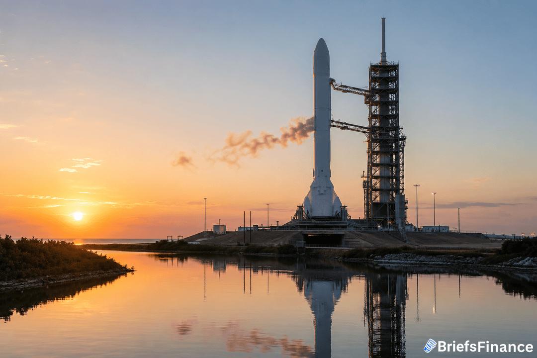A rocket stands on a launch pad at sunrise, with steam venting and the sun reflecting on calm water in the foreground; BriefsFinance logo appears in the lower right corner.