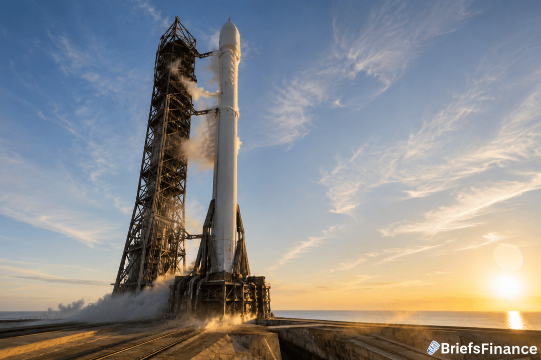 A white rocket stands upright on a launch pad, surrounded by a metal structure and emitting steam, with the sun rising over the horizon and a clear sky in the background. The BriefsFinance logo appears in the corner.