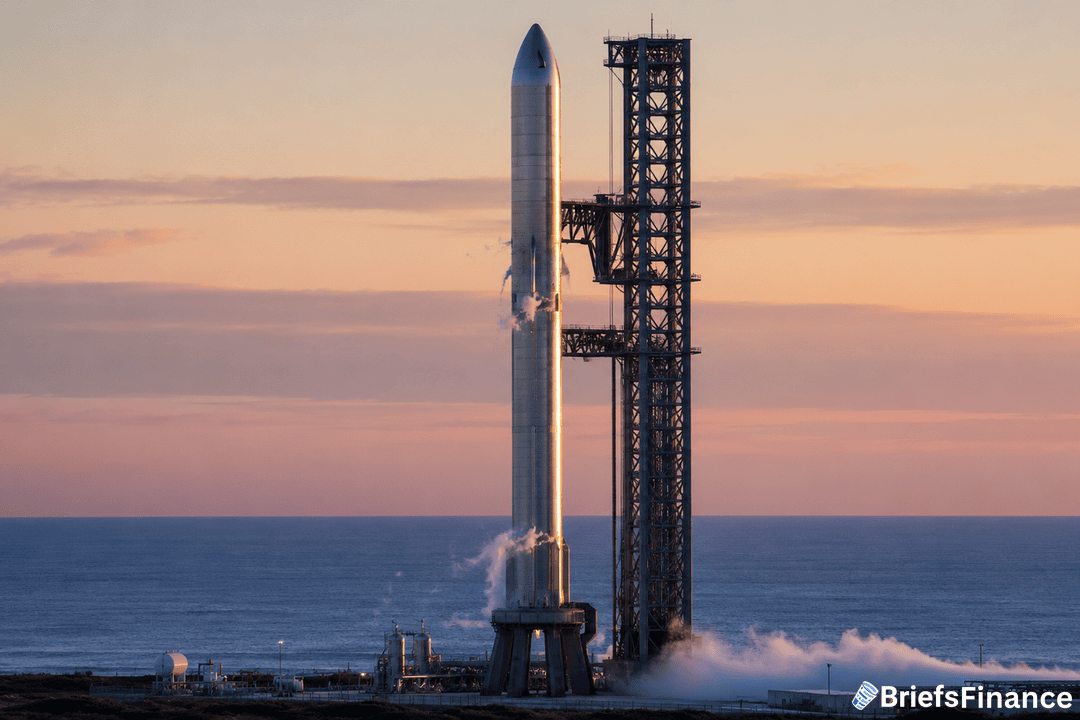 A rocket stands vertically on a launch pad near the ocean at sunset, with vapor rising around its base. A metal launch tower is beside the rocket. The BriefsFinance logo is visible in the bottom right corner.