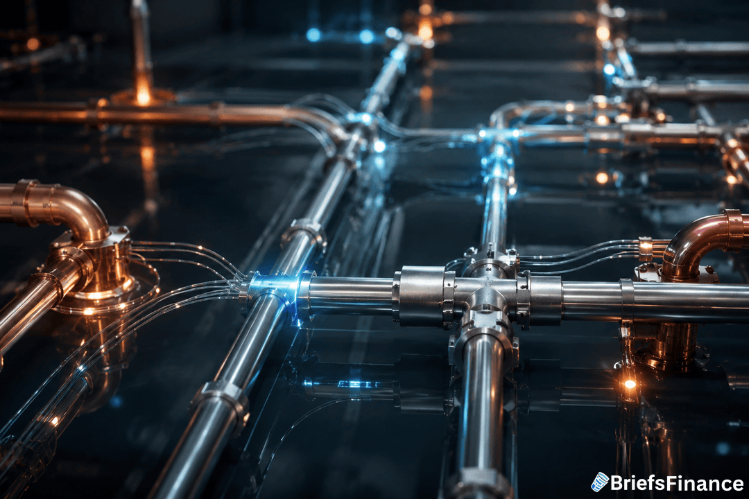 A network of interconnected metal pipes with blue and orange lights glowing at junctions, suggesting data flow or energy transfer, on a reflective dark surface. Logo BriefsFinance appears in the lower right corner.