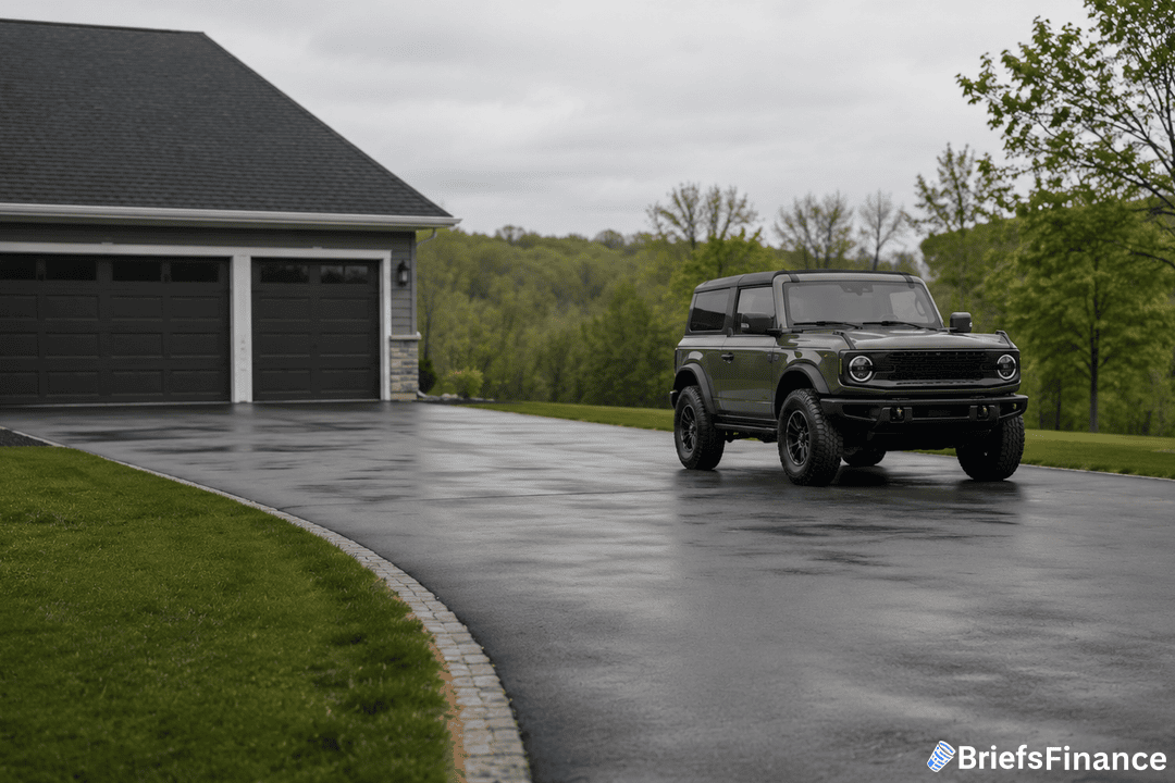 A dark green SUV is parked on a wet driveway in front of a large gray garage, surrounded by green lawns and trees on a cloudy day. The BriefsFinance logo is in the lower right corner.