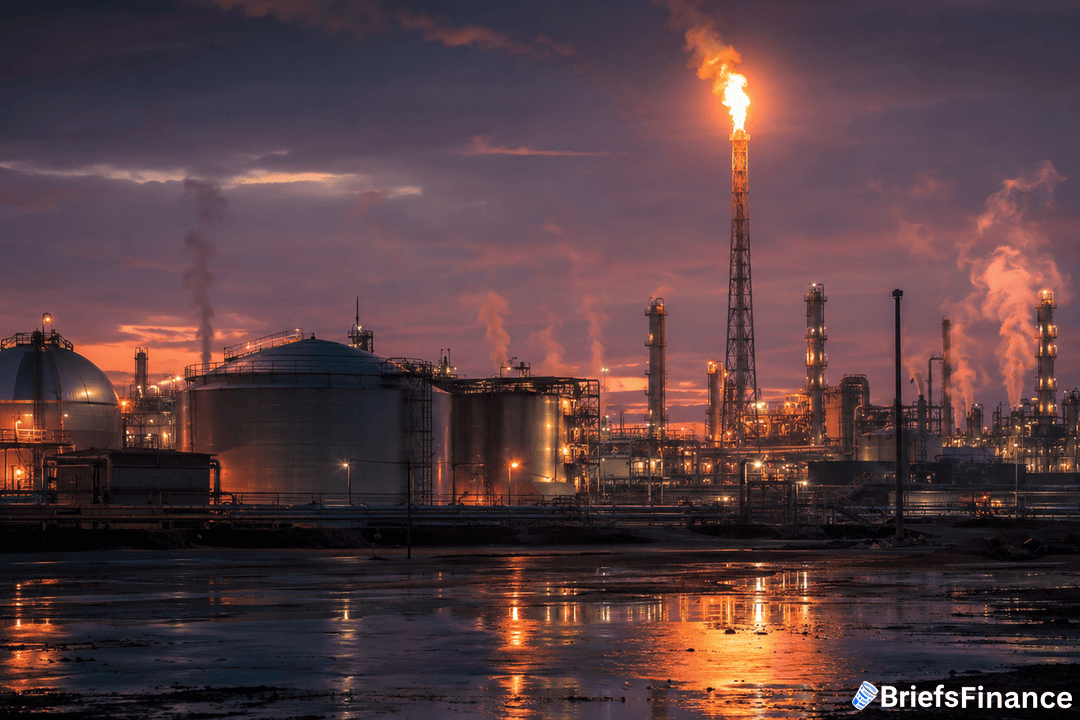 An industrial oil refinery at sunset with smoke and flames rising from towers, illuminated by orange and purple sky, and reflecting on wet ground. The Briefs Finance logo is visible in the bottom right corner.