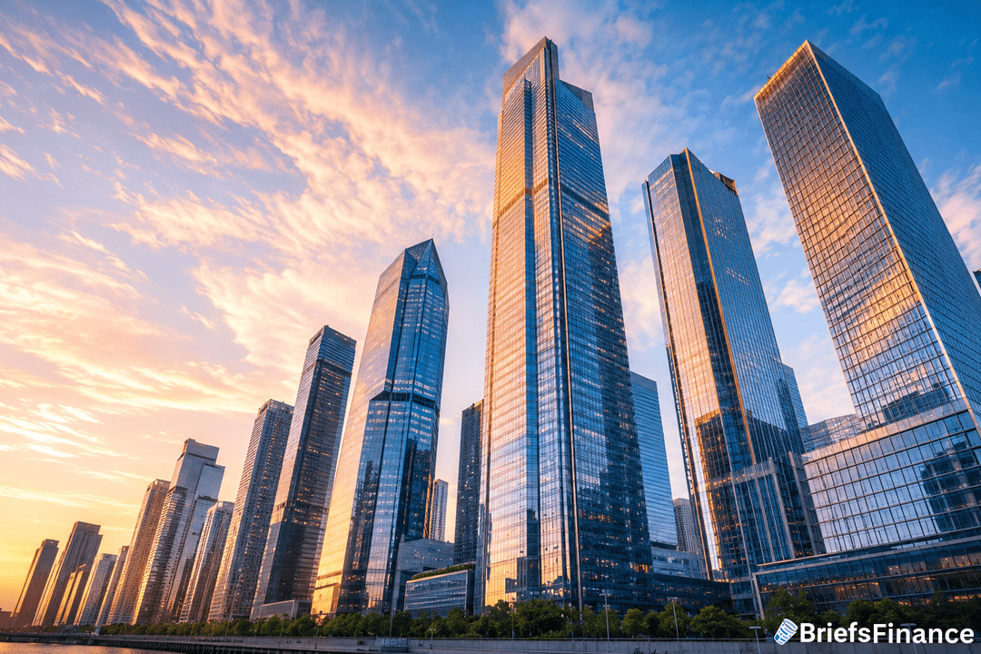 A row of modern glass skyscrapers reflecting the golden light of sunset, set against a partly cloudy sky. The BriefsFinance logo appears in the bottom right corner.