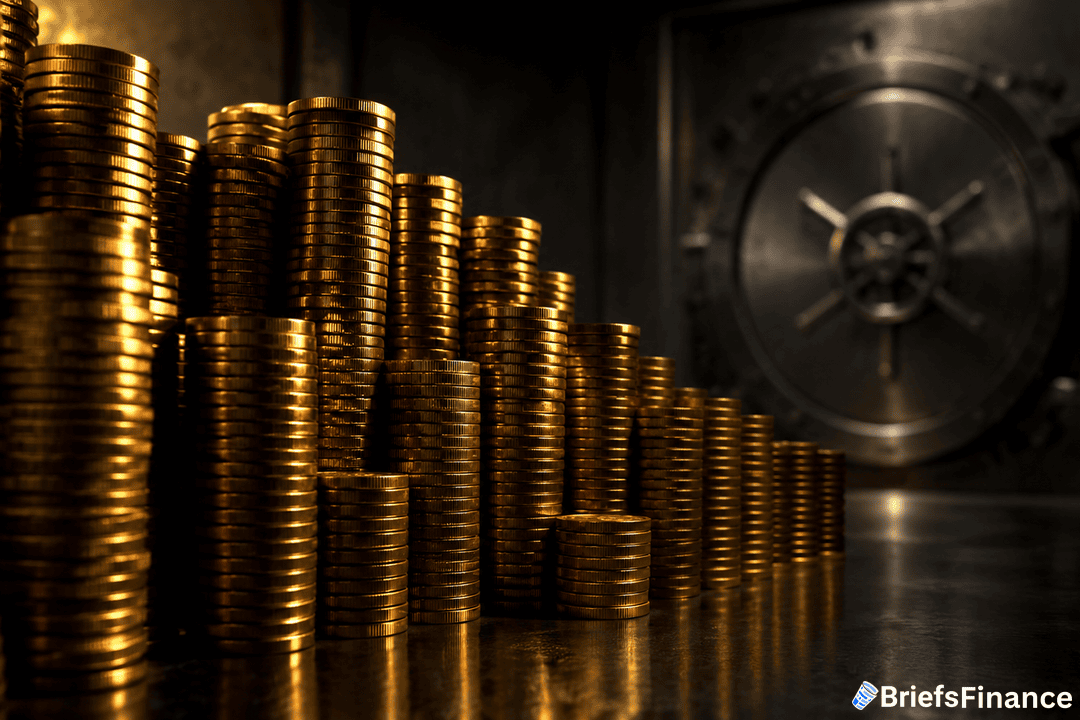 Stacks of gold coins are piled high in front of a large, secure vault door in a dimly lit room. The BriefsFinance logo is visible in the bottom right corner.