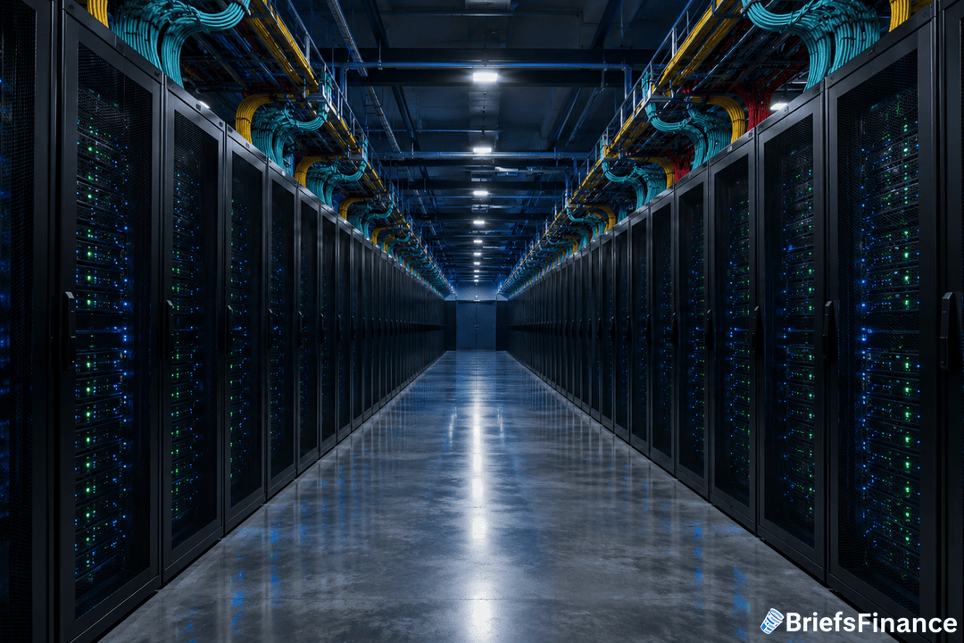 A brightly lit, modern data center corridor with rows of black server racks on both sides, colorful cables overhead, and a reflective polished floor. The BriefsFinance logo is in the bottom right corner.