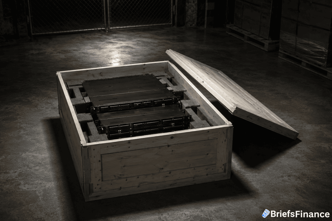 A large wooden crate with its lid removed sits on a concrete floor, revealing two black rectangular electronic devices inside, surrounded by protective foam. A logo reading BriefsFinance is in the bottom right corner.