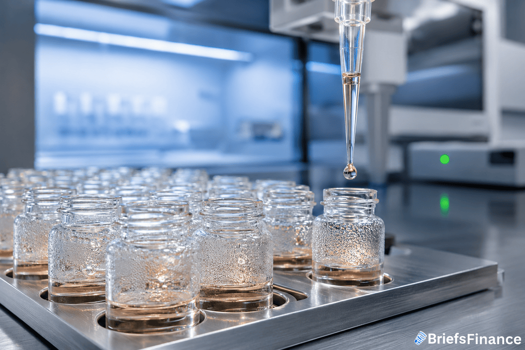 A close-up of a pipette dispensing liquid into small glass vials in a laboratory setting, with scientific equipment and workstations visible in the background.