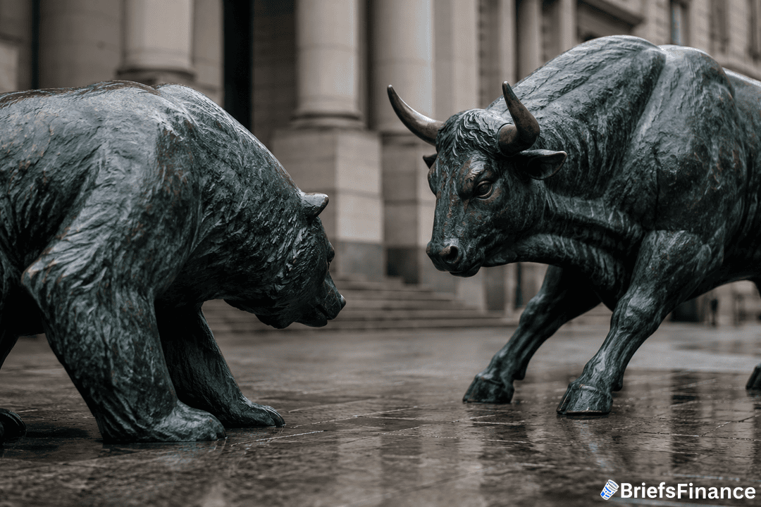 Two large bronze statues of a bear and a bull face each other outdoors on a wet stone pavement, symbolizing market trends. The background features a stone building. A BriefsFinance logo appears in the corner.