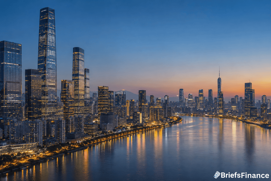 City skyline at dusk with illuminated skyscrapers reflecting on a wide river, under a clear sky. BriefsFinance logo is visible in the lower right corner.