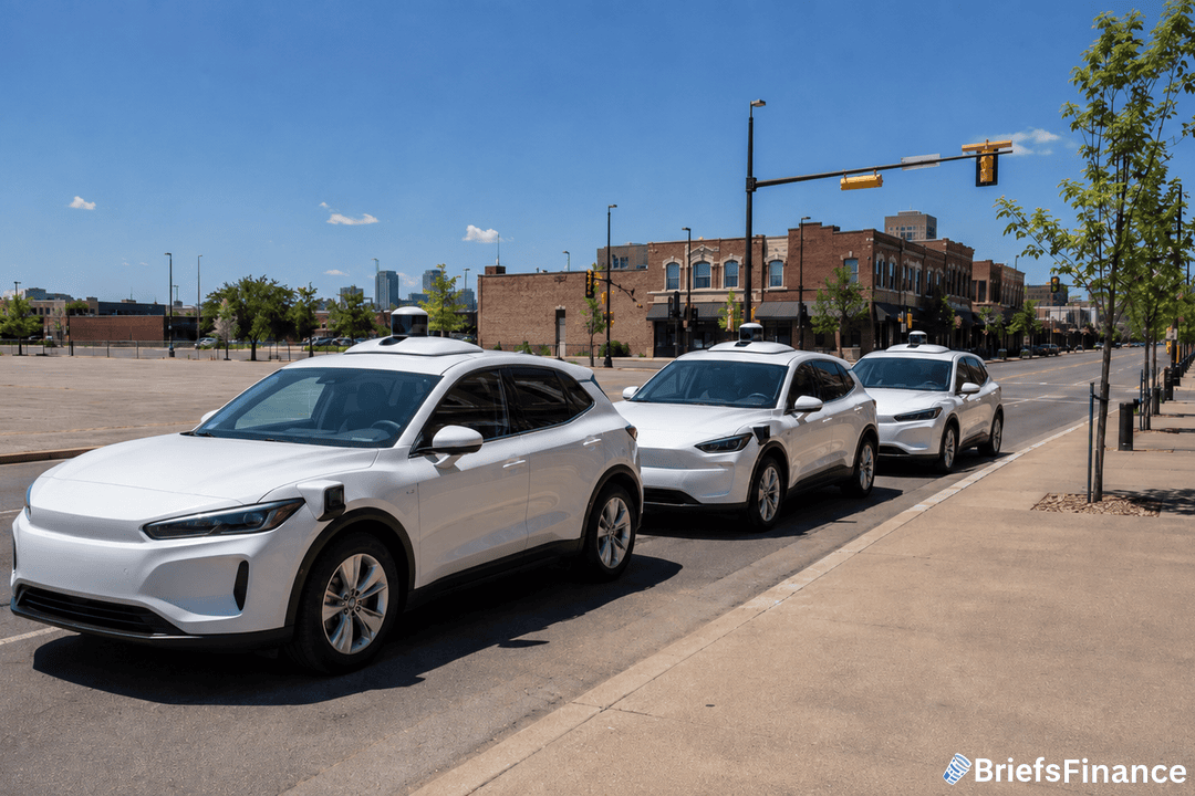 Three white self-driving cars are parked in a row along a sunlit urban street, with brick buildings and a mostly empty parking lot in the background. The BriefsFinance logo is visible in the lower right corner.