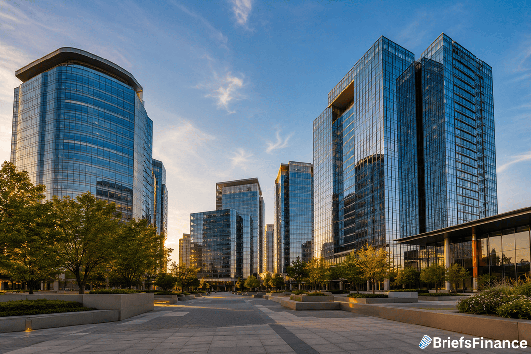 Modern glass skyscrapers surround an open plaza with trees and benches, under a blue sky at sunset. The BriefsFinance logo is visible in the bottom right corner.