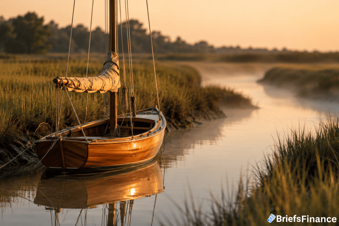 A wooden sailboat rests on calm water in a narrow marsh at sunset, surrounded by tall grasses and gentle mist, with soft golden sunlight reflecting off the surface. BriefsFinance logo is visible in the bottom right corner.