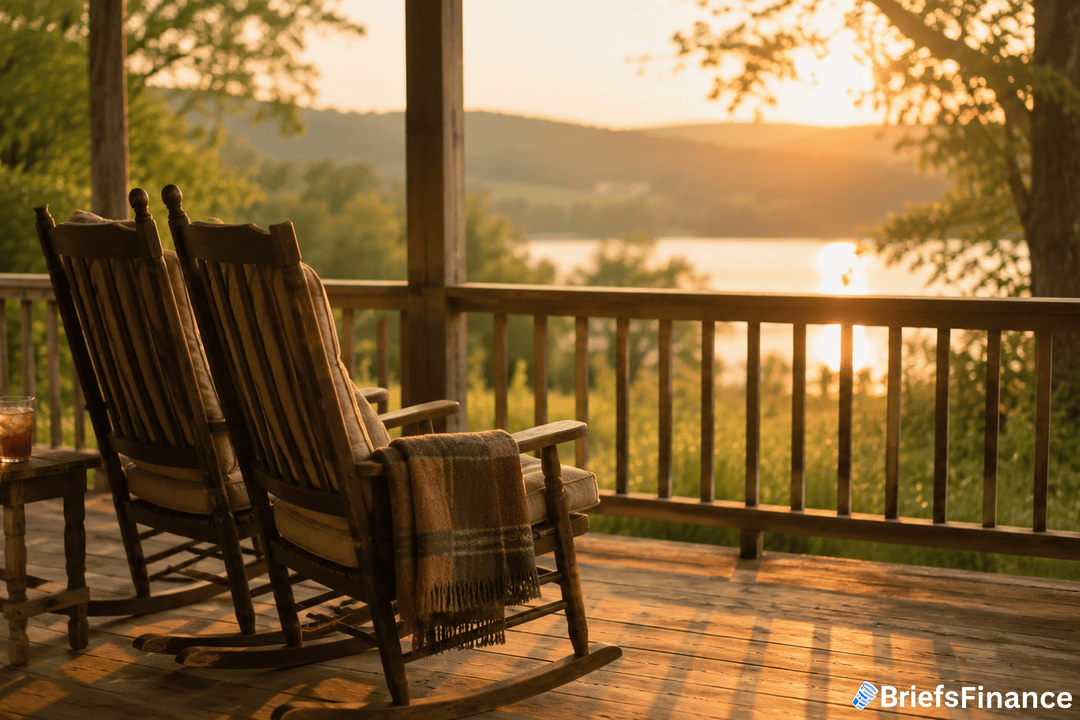 Two wooden rocking chairs and a plaid blanket on a porch overlook a peaceful lake and hills at sunset, with warm sunlight casting long shadows. A glass of iced tea sits on a small table nearby.