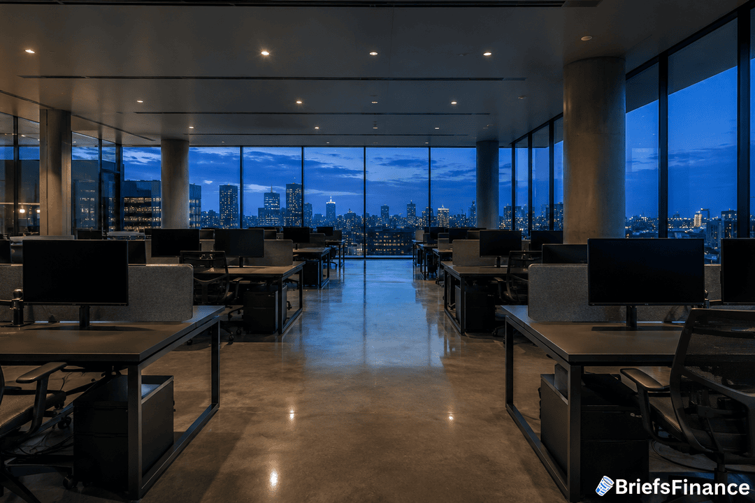 Modern office with multiple empty desks and computer monitors, featuring floor-to-ceiling windows overlooking a city skyline at dusk. The room has a polished concrete floor and a calm, blue-lit atmosphere.