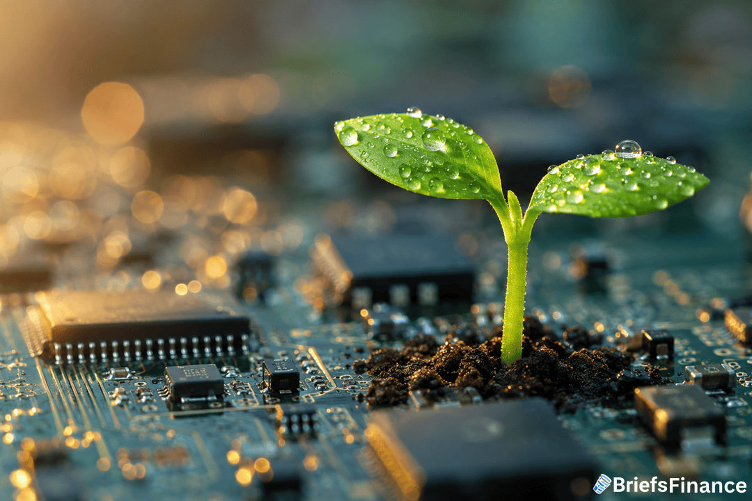 A green seedling with water droplets grows from soil on an electronic circuit board, symbolizing the intersection of technology and sustainability. The BriefsFinance logo appears in the lower right corner.