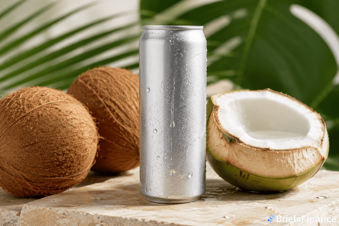 A silver beverage can with water droplets stands between two whole coconuts and one half coconut, all on a stone surface with green palm leaves in the background. The BriefsFinance logo is in the bottom right corner.