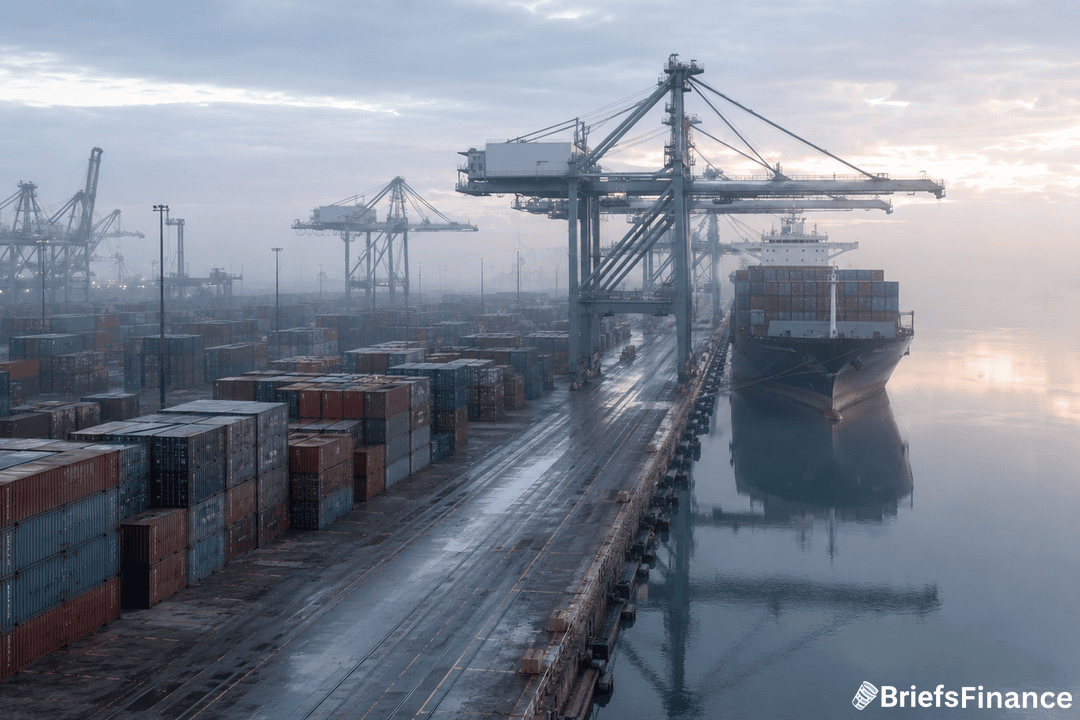 A large cargo ship docked at a busy port with stacked shipping containers and cranes on a foggy day. Branding for BriefsFinance appears in the corner.