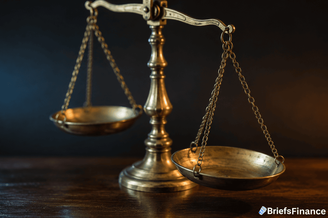 A brass balance scale sits on a wooden surface against a dark background, with one side hanging lower than the other. The BriefsFinance logo appears in the bottom right corner.