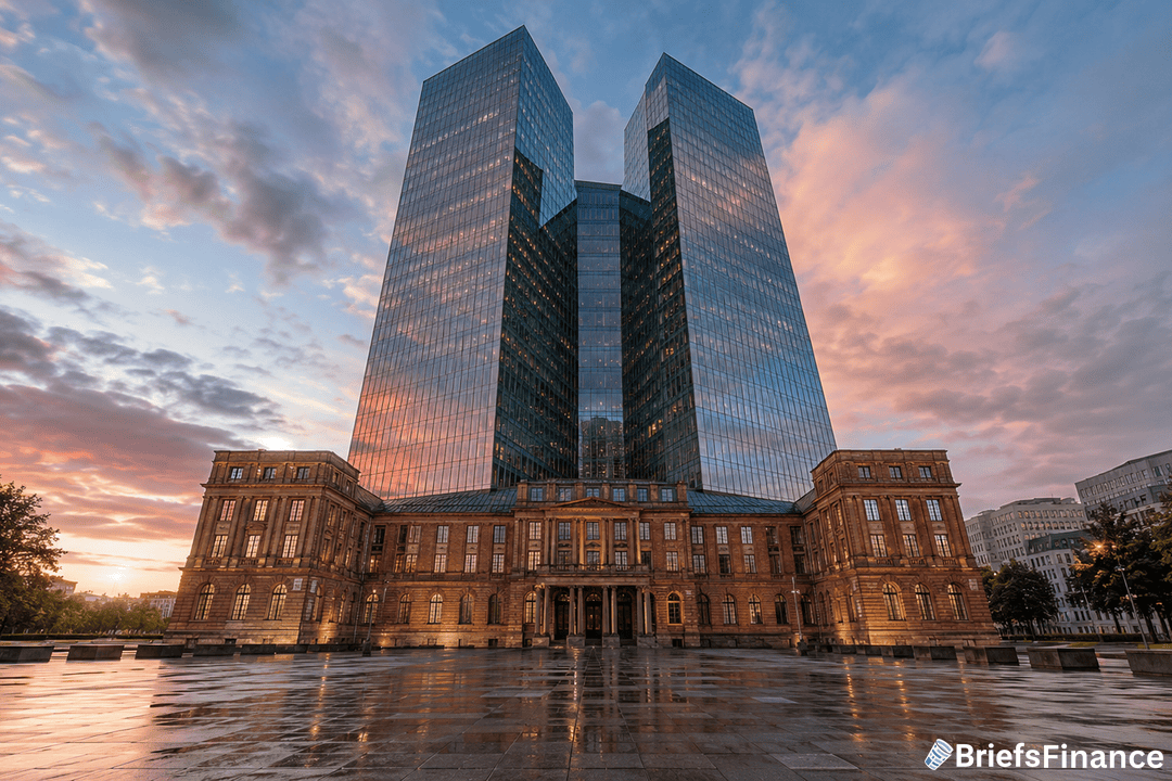 A modern glass skyscraper rises behind a historic brick building at sunset, reflecting colorful clouds in its windows. The ground in front is wet, suggesting recent rain. A BriefsFinance logo is visible in the lower right corner.