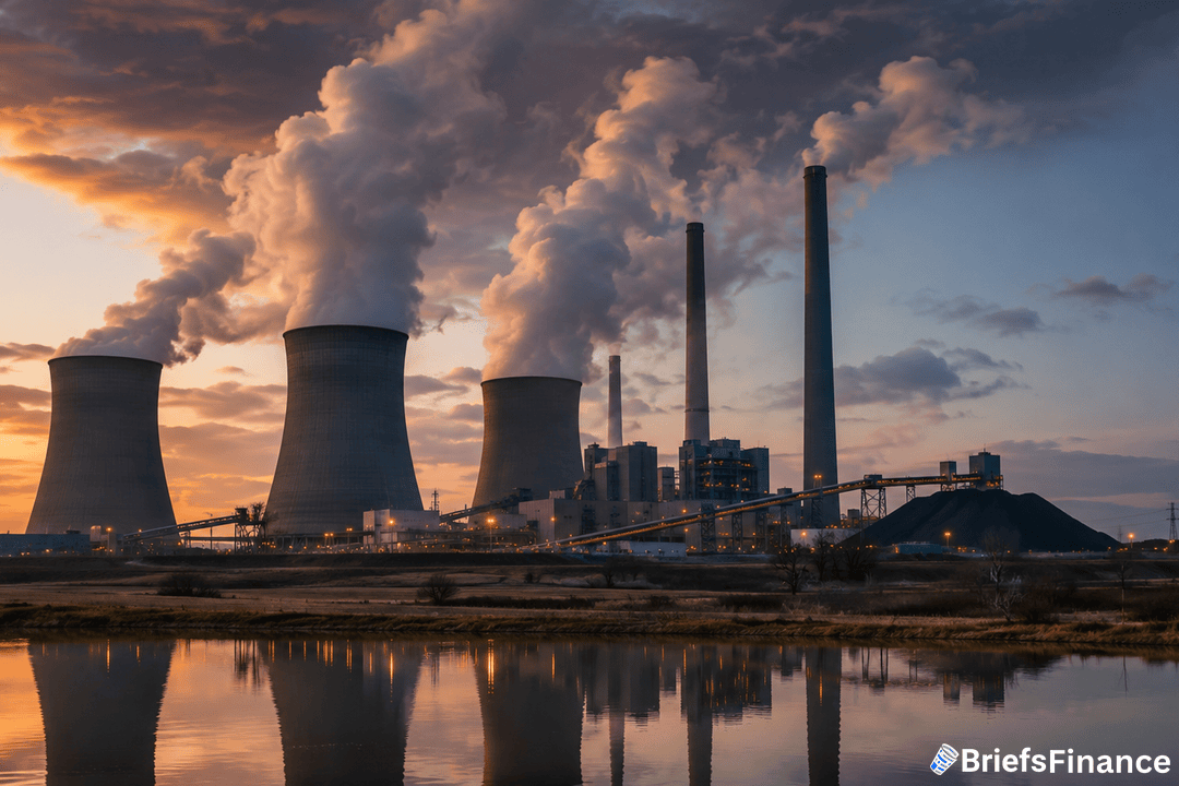 A large power plant emits thick clouds of smoke from multiple cooling towers and chimneys at sunset, with its reflection visible in a calm body of water in the foreground. The image features the BriefsFinance logo.