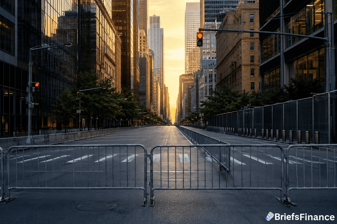A city street lined with tall buildings is blocked by metal barricades and fencing. The road is empty, with a red traffic light and the sun setting in the background. BriefsFinance logo is visible in the lower right corner.