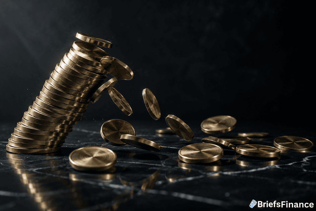A stack of gold coins topples over, scattering coins onto a dark, reflective marble surface. The image has a BriefsFinance logo in the bottom right corner.
