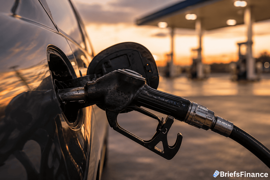 A close-up of a fuel nozzle inserted into a car’s gas tank at a gas station during sunset, with a blurred background of fuel pumps and a BriefsFinance watermark in the corner.
