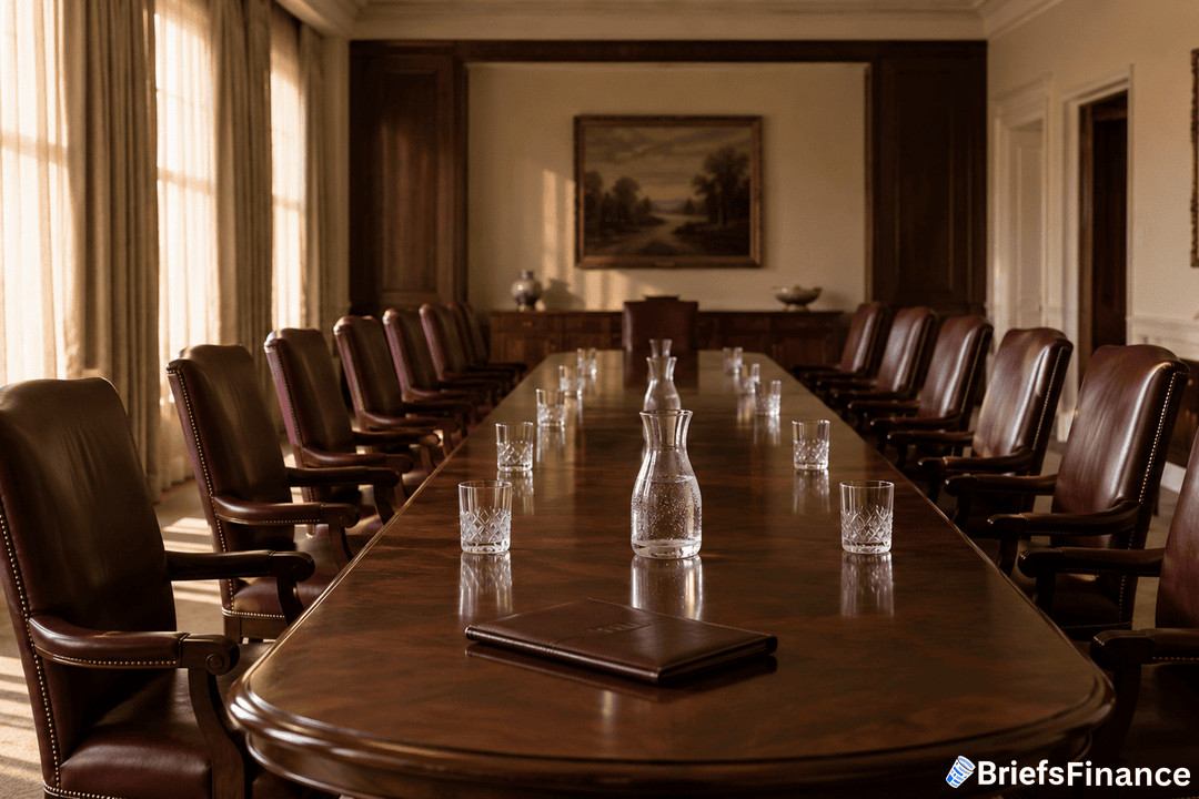 A long wooden boardroom table with leather chairs, glass water pitchers, glasses, and a closed notebook. Large windows and artwork decorate the formal meeting room. BriefsFinance logo is in the bottom right corner.