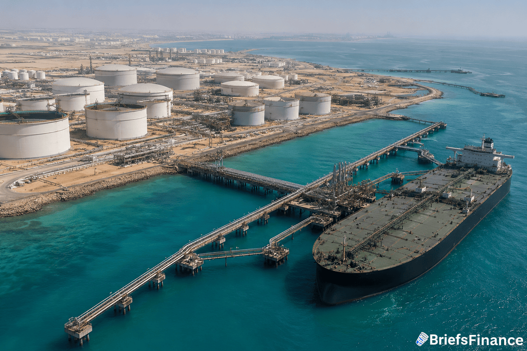 A large oil tanker docked at an industrial port facility with multiple white storage tanks onshore and pipelines extending over turquoise water, with BriefsFinance logo in the corner.