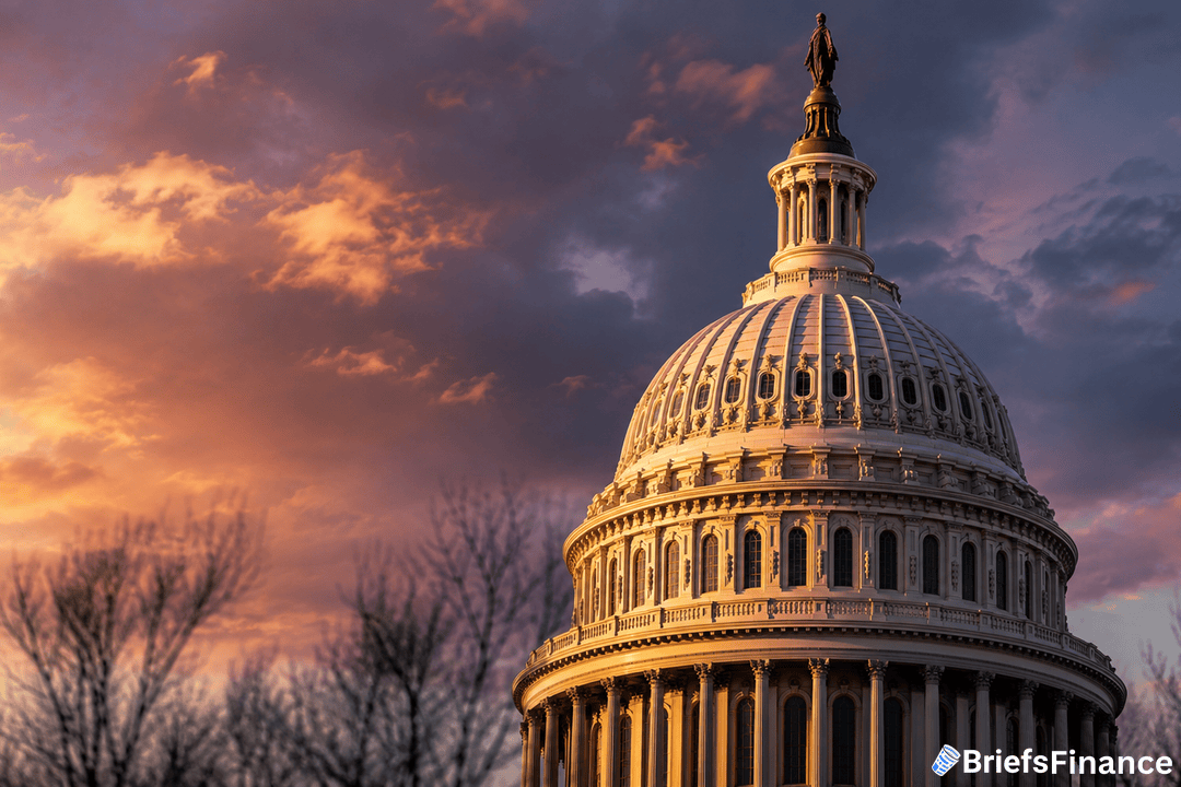 The U.S. Capitol dome is illuminated by warm sunset light, with dramatic clouds and bare tree silhouettes in the background. A small BriefsFinance logo appears in the lower right corner.