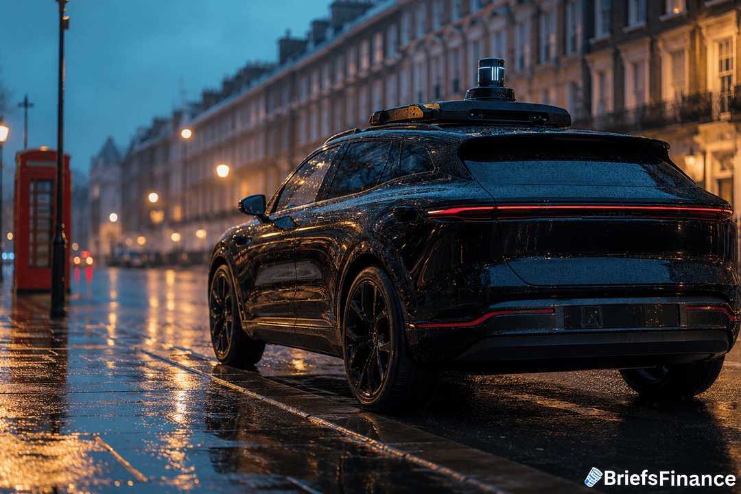 A black self-driving car with sensors on its roof is parked on a wet city street at dusk, with streetlights reflecting on the pavement. Row houses and a red phone booth are visible in the background.