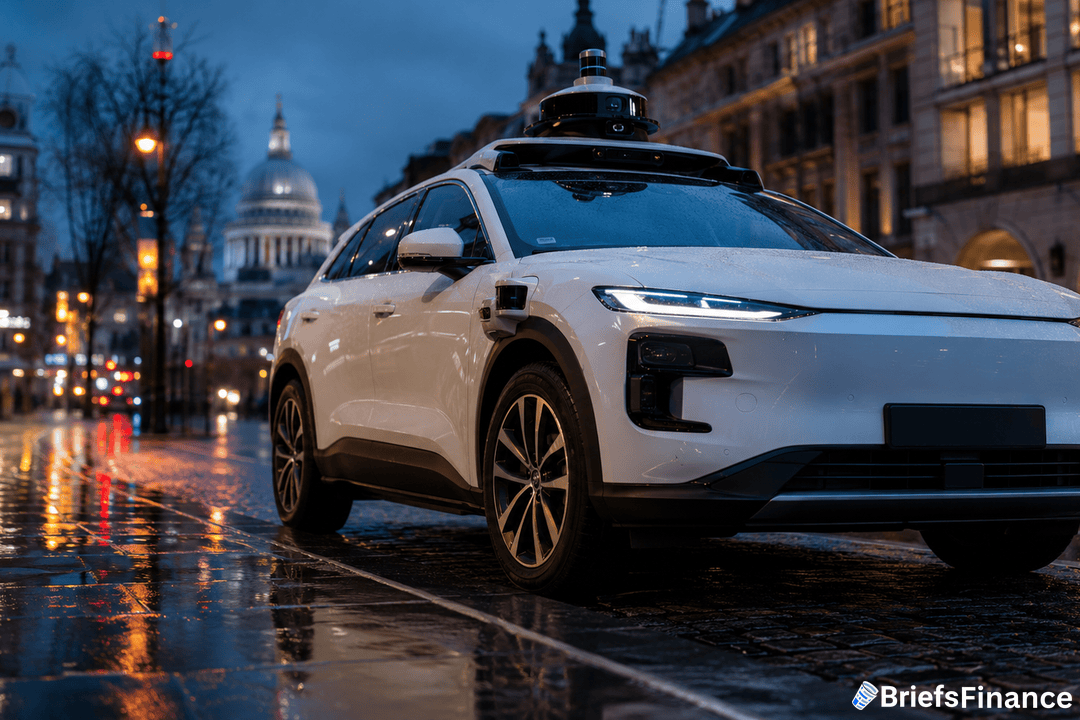 A white self-driving car with sensors on the roof is parked on a wet city street at dusk, with historic buildings and blurred lights in the background. The BriefsFinance logo is visible in the lower right corner.