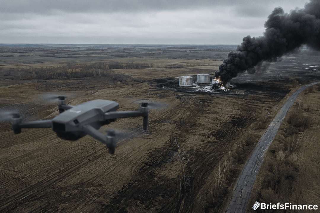 A drone flies over a rural area with a large fire and black smoke rising from burning fuel tanks near an empty road, under a cloudy sky. The image is credited to BriefsFinance.