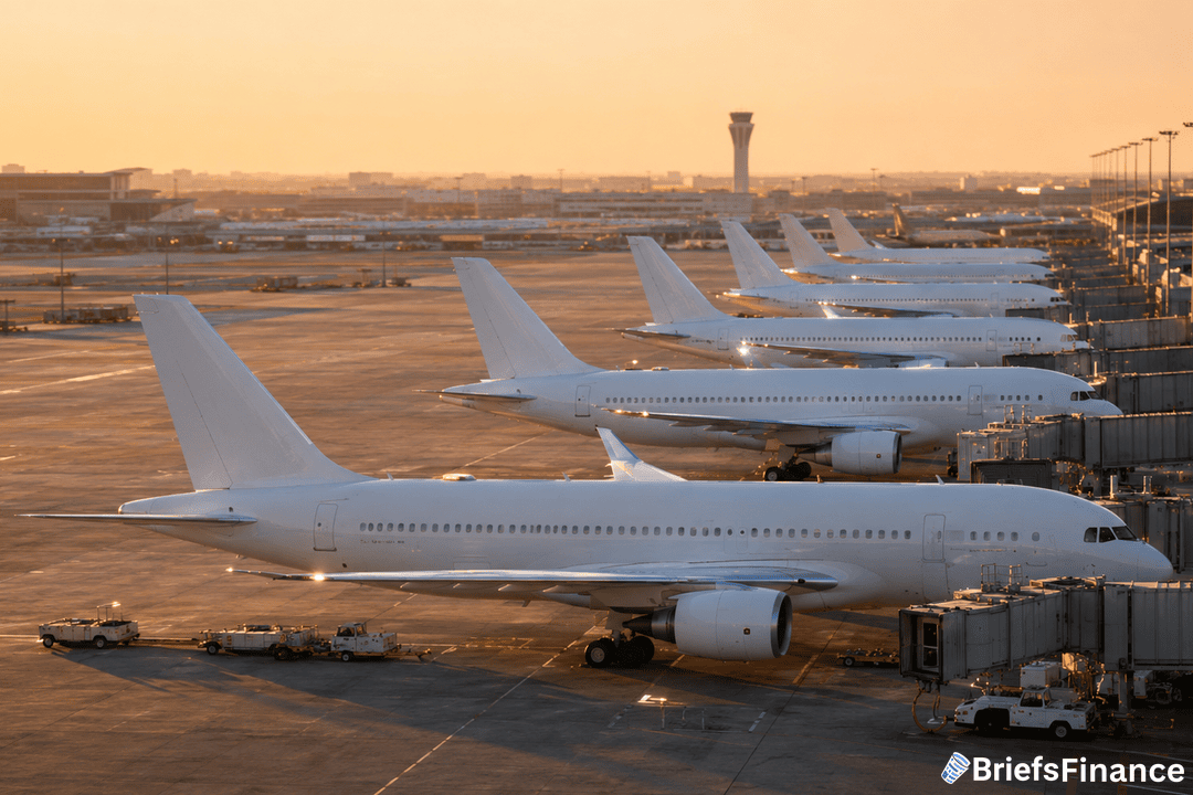 A row of white passenger airplanes parked at airport gates during sunset, with an air traffic control tower and city buildings visible in the background.