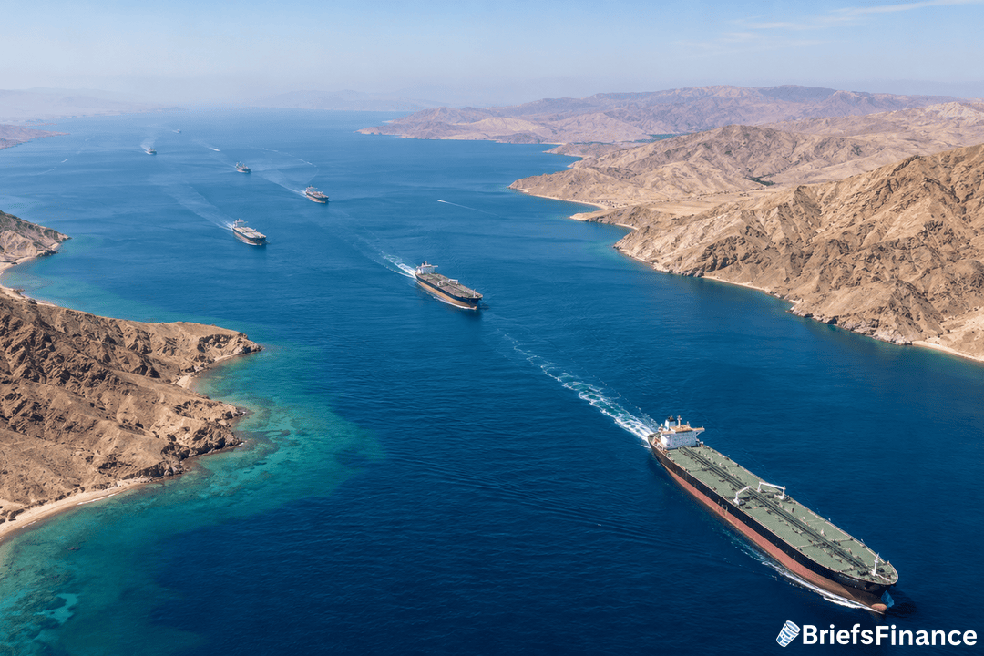 Aerial view of multiple large cargo ships sailing through a narrow, winding sea passage bordered by arid, mountainous land with clear blue water. The image has a BriefsFinance logo in the bottom right corner.