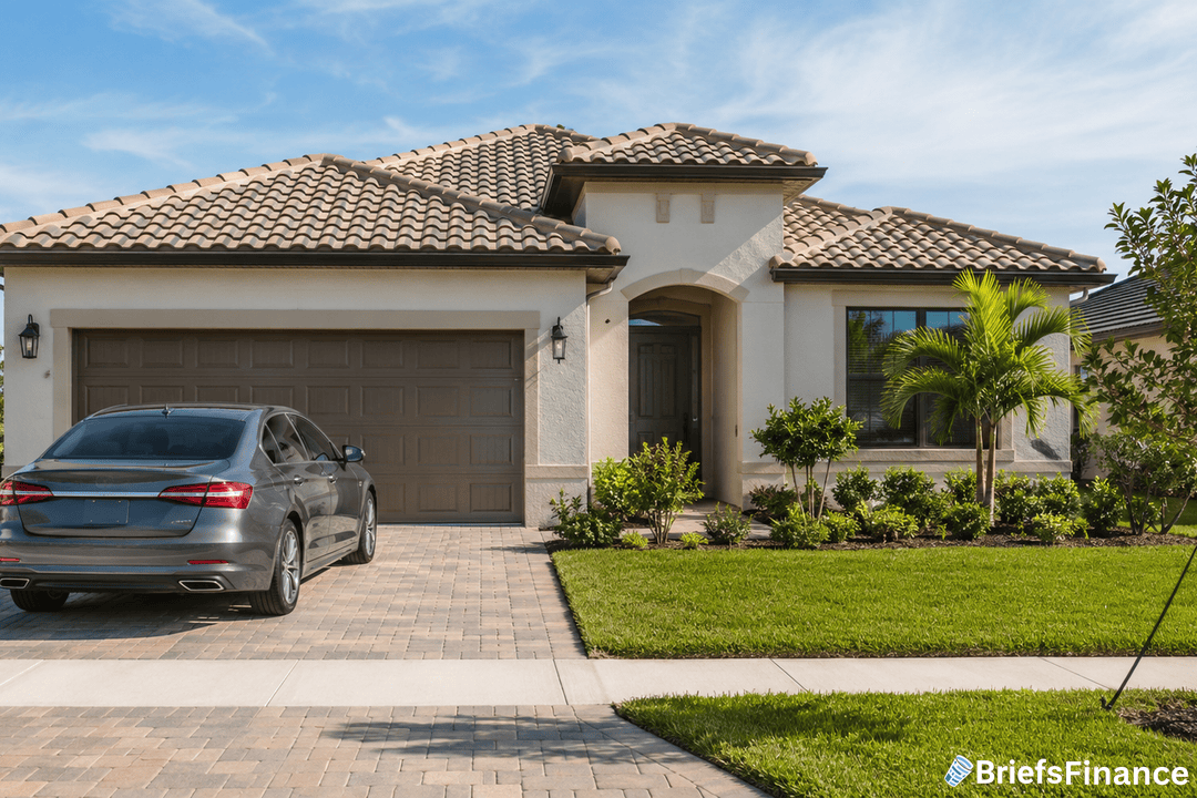 A modern single-story house with beige walls and a brown tiled roof, featuring a two-car garage and a silver sedan parked in the driveway. The front yard is landscaped with green grass, bushes, and a small palm tree.