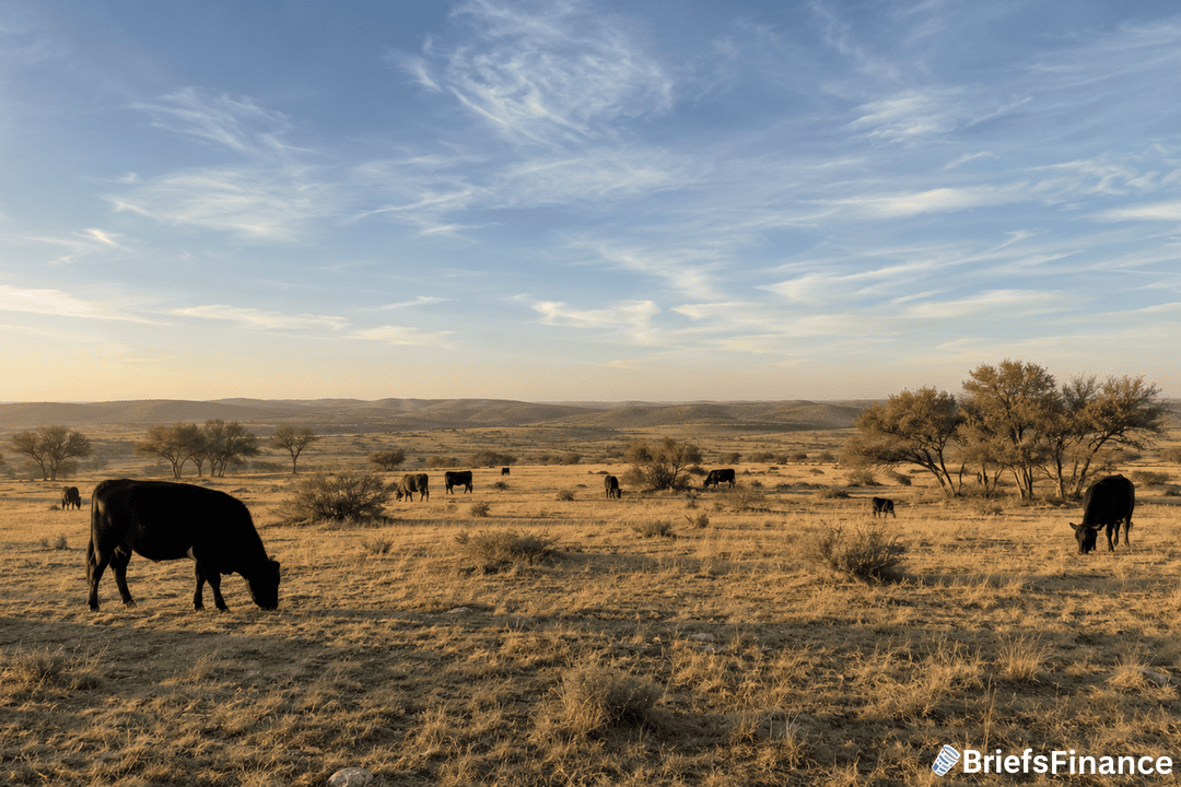 Cows grazing on a dry, grassy plain with scattered trees under a partly cloudy sky at sunset; distant hills visible in the background. BriefsFinance logo appears in the bottom right corner.
