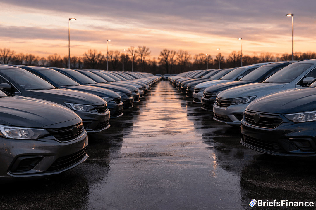 Rows of parked cars line both sides of a wet, reflective lot at sunset, with leafless trees and streetlights in the background. The BriefsFinance logo appears in the lower right corner.