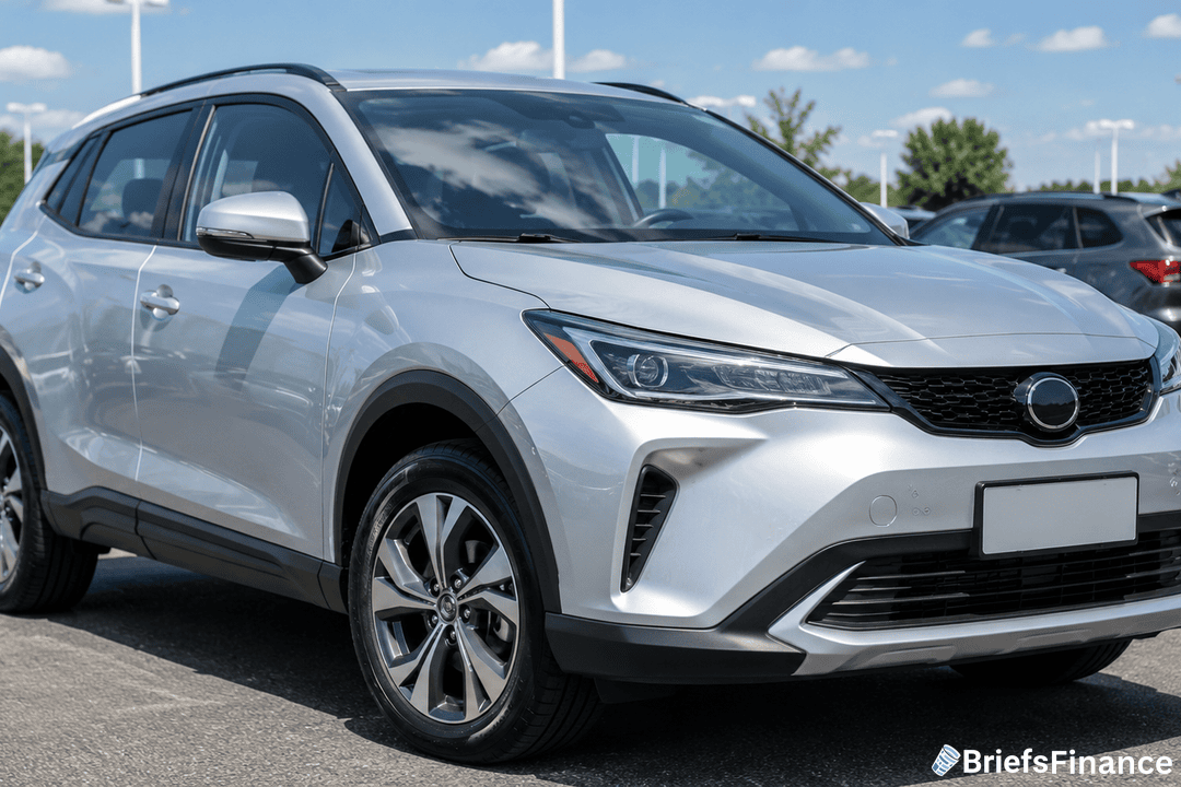 A silver SUV parked in a lot on a sunny day, with clear skies and trees in the background. The vehicle features modern styling and alloy wheels. The image has a BriefsFinance watermark in the corner.