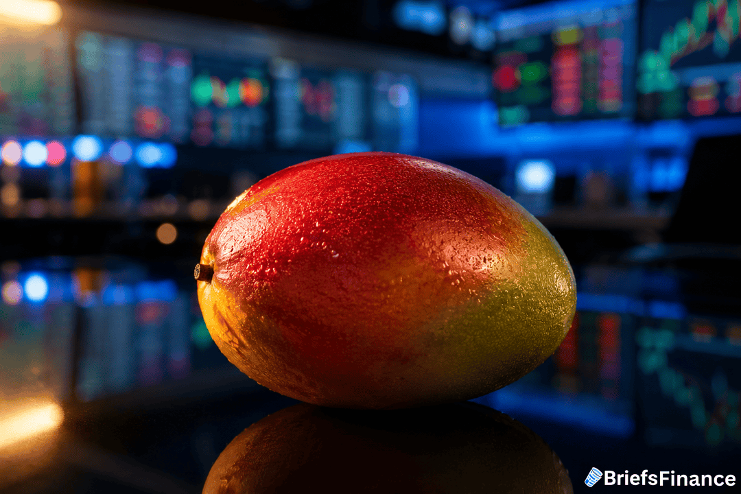 A ripe mango sits on a reflective surface with blurred stock market screens and financial data in the background. The BriefsFinance logo appears in the bottom right corner.