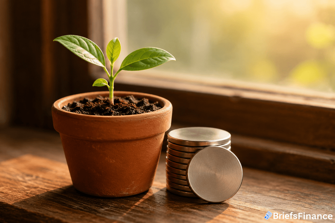 A small green plant in a terracotta pot sits on a wooden surface next to stacked coins, with sunlight coming through a window. The BriefsFinance logo is in the bottom right corner.