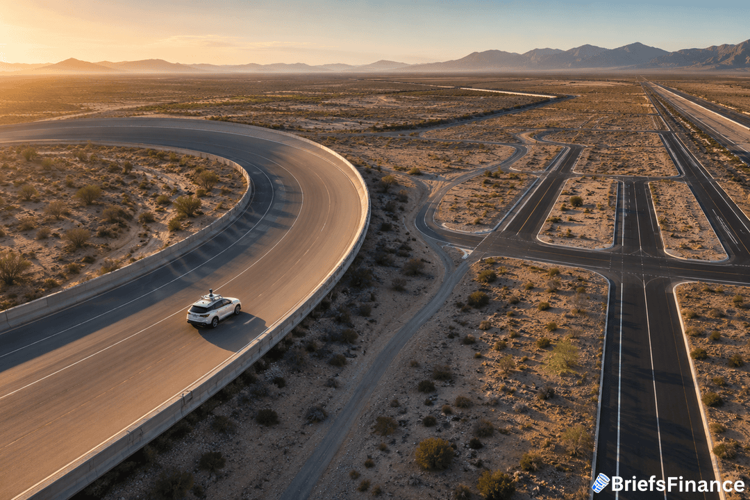 A white car drives on a curved, elevated road through a desert landscape with sparse vegetation and distant mountains under a clear sky. The BriefsFinance logo is visible in the lower right corner.