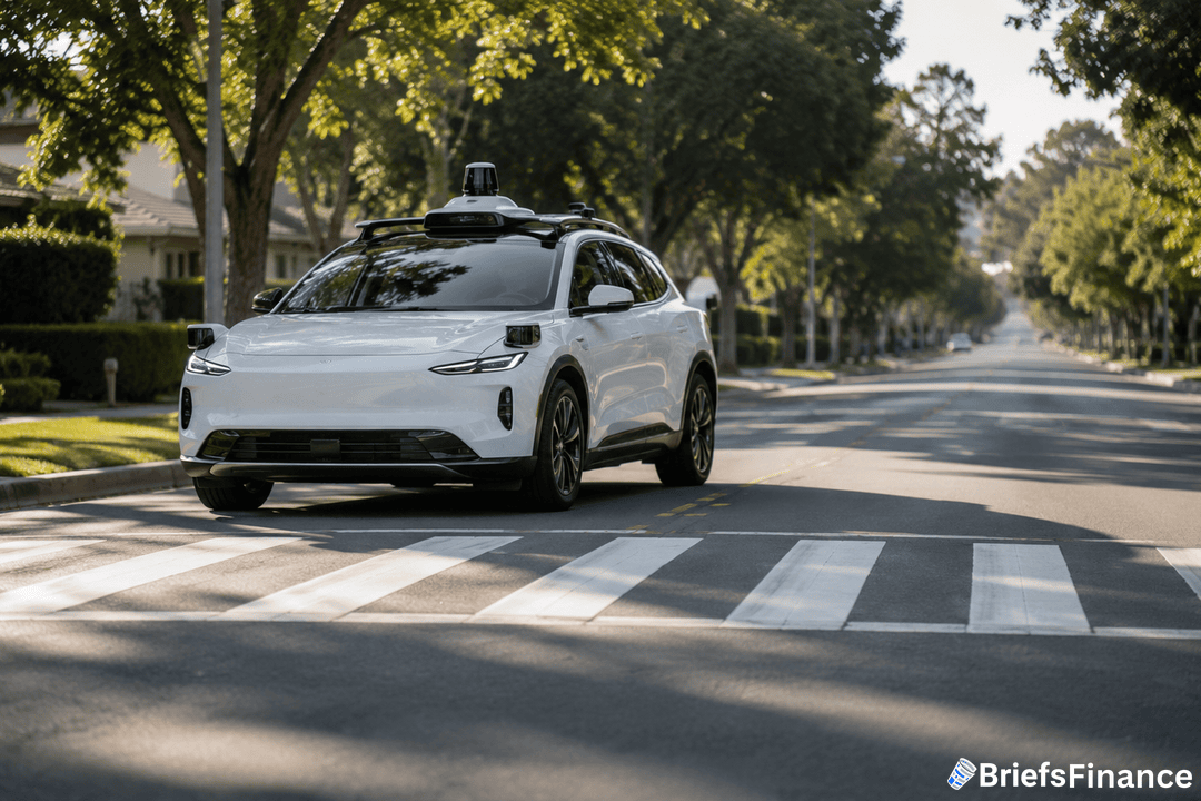 A white autonomous car with sensors on its roof drives down a quiet, tree-lined suburban street, approaching a crosswalk. The BriefsFinance logo is visible in the bottom right corner.