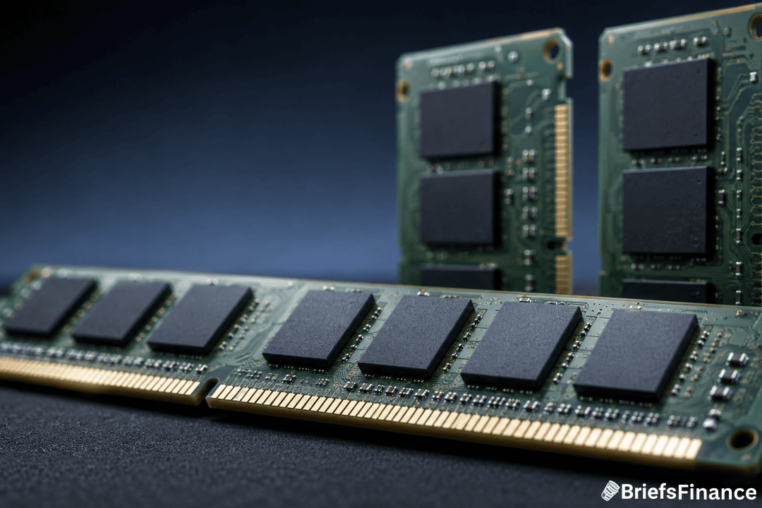 Close-up of several computer RAM modules with black chips on green circuit boards, arranged on a dark surface with a BriefsFinance watermark in the corner.