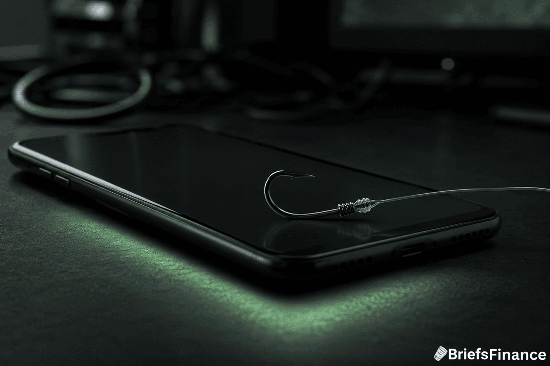 A fishing hook rests on top of a smartphone on a dark desk, symbolizing digital phishing attacks. The BriefsFinance logo is visible in the lower right corner.