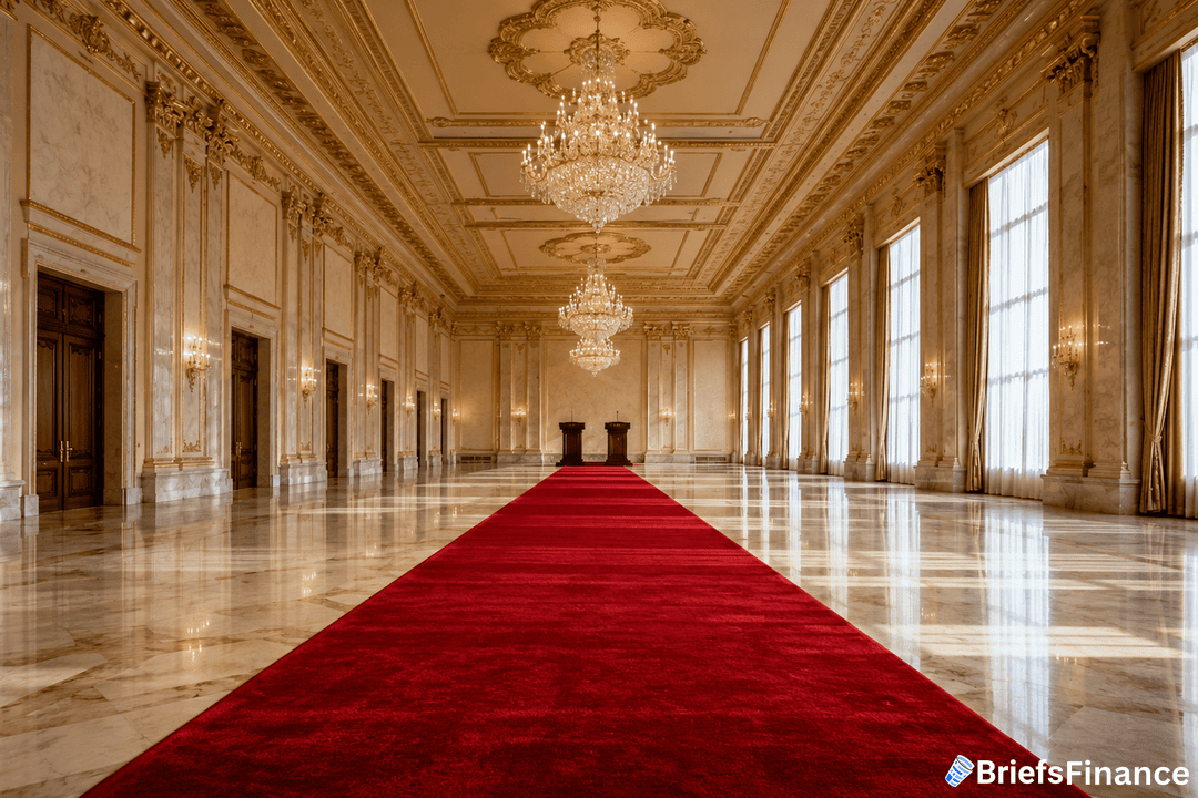 A grand, ornate hall with marble floors, tall windows, crystal chandeliers, and a long red carpet leading to two podiums at the far end. The BriefsFinance logo appears in the bottom right corner.