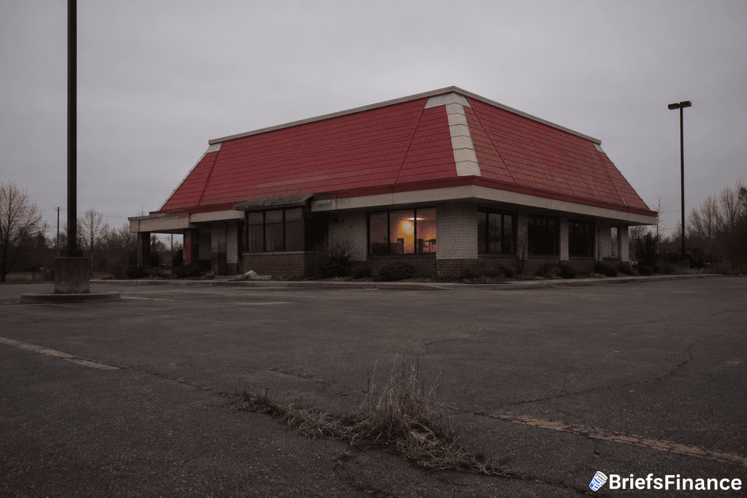 An abandoned fast-food restaurant with a red roof sits in an empty, cracked parking lot on a cloudy day. One window glows with yellow light, and weeds grow through the asphalt.