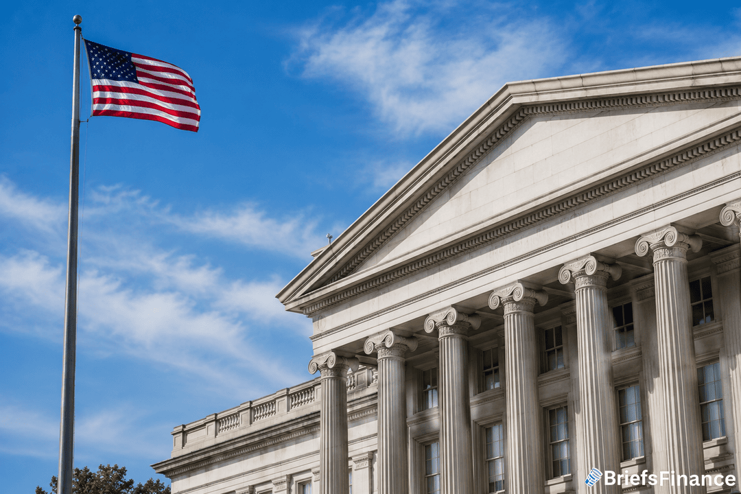 Treasury building with U.S. flag