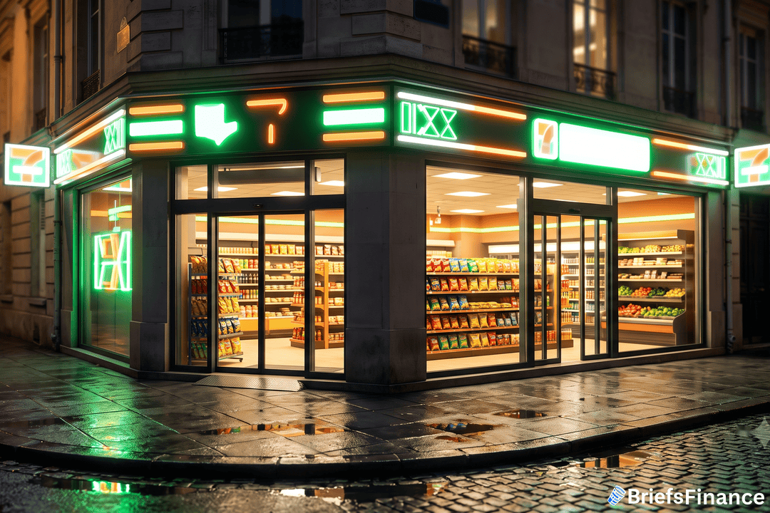 Brightly lit convenience store at night in a European city